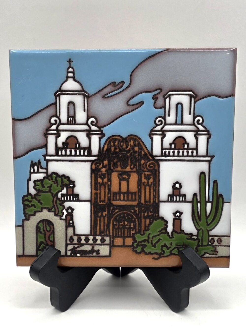 Cleo Teissedre Pottery San Xavier Mission Tucson AZ  Hand Painted Tile Trivet 6"